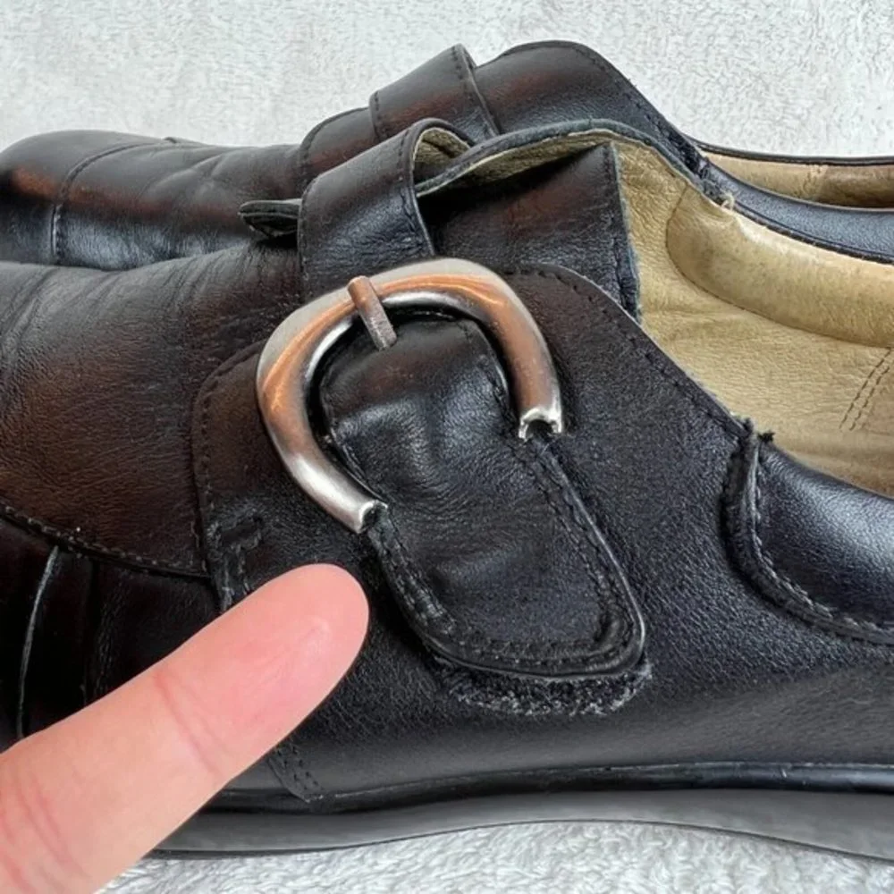 Alegria Leather Shoes‎ 9/9.5 Womens 39 EU Khloe Black Nappa Buckle Wedge
